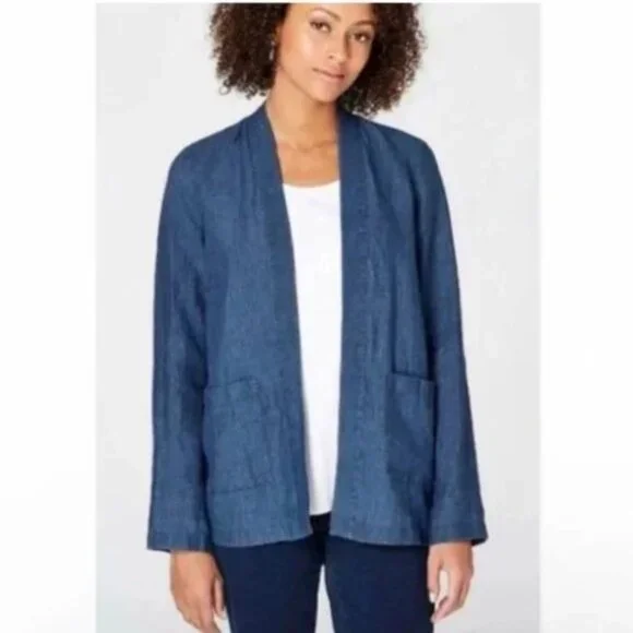 J.Jill Pure Jill Indigo Chambray Linen Open Jacket | XS - Picture 2 of 6